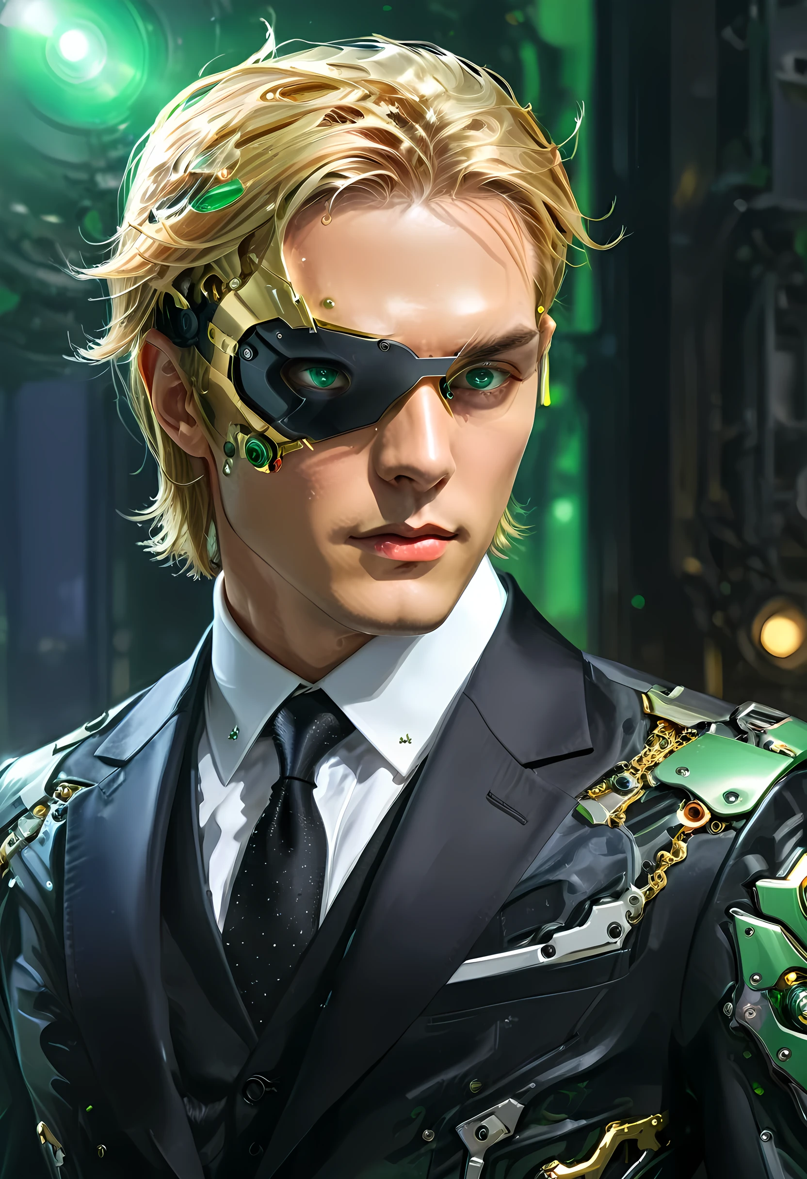 Arafed a picture of a human male spy, wearing dark suit, wearing ((mecha eye patch)), exquisite beautiful male, blond hair, short crop hair, green eyes, eye patch has intricate mechanical part in it, high society gala event background, (Masterpiece: 1.5), 16k, highres, best quality, high details, ultra detailed, masterpiece, best quality, (extremely detailed), ((only one eyed covered: 1.5))