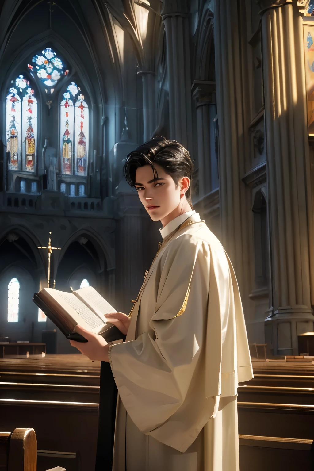 a young man in a church, handsome catholic priest with a bible in his hand, young, cute, angelic black hair, (best quality,4k,8k,highres,masterpiece:1.2),ultra-detailed,(realistic,photorealistic,photo-realistic:1.37),intricate details,ornate church interior,stained glass windows,dramatic lighting,soft focus,cinematic composition,warm color palette