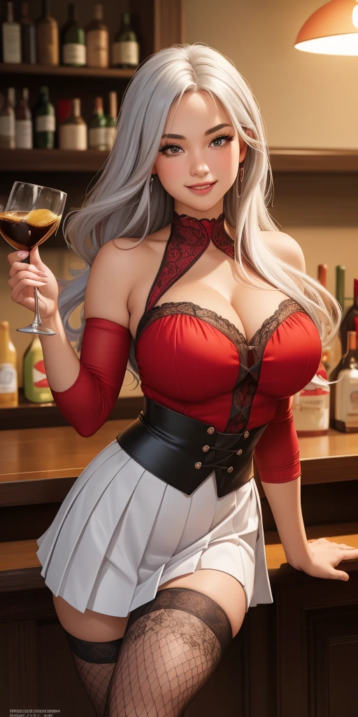 (best quality, ultra-detailed, photorealistic: 1.39), bright and vibrant colors, studio lighting, romantic expression, short red dress, platinum long silver hair, flowing hair, big breasts, fit, Black, pleated high waist skirt, with black fishnet stockings, long-sleeved blouse, mercenary, At the bar, beautiful, sexy smile, face of 19 year old teenage girl in love