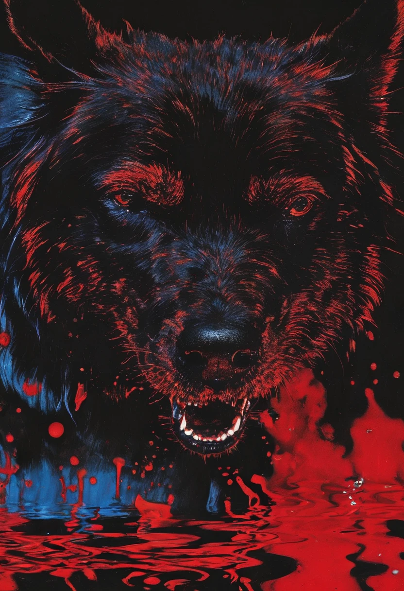 giant angry black dog in water at night, red background