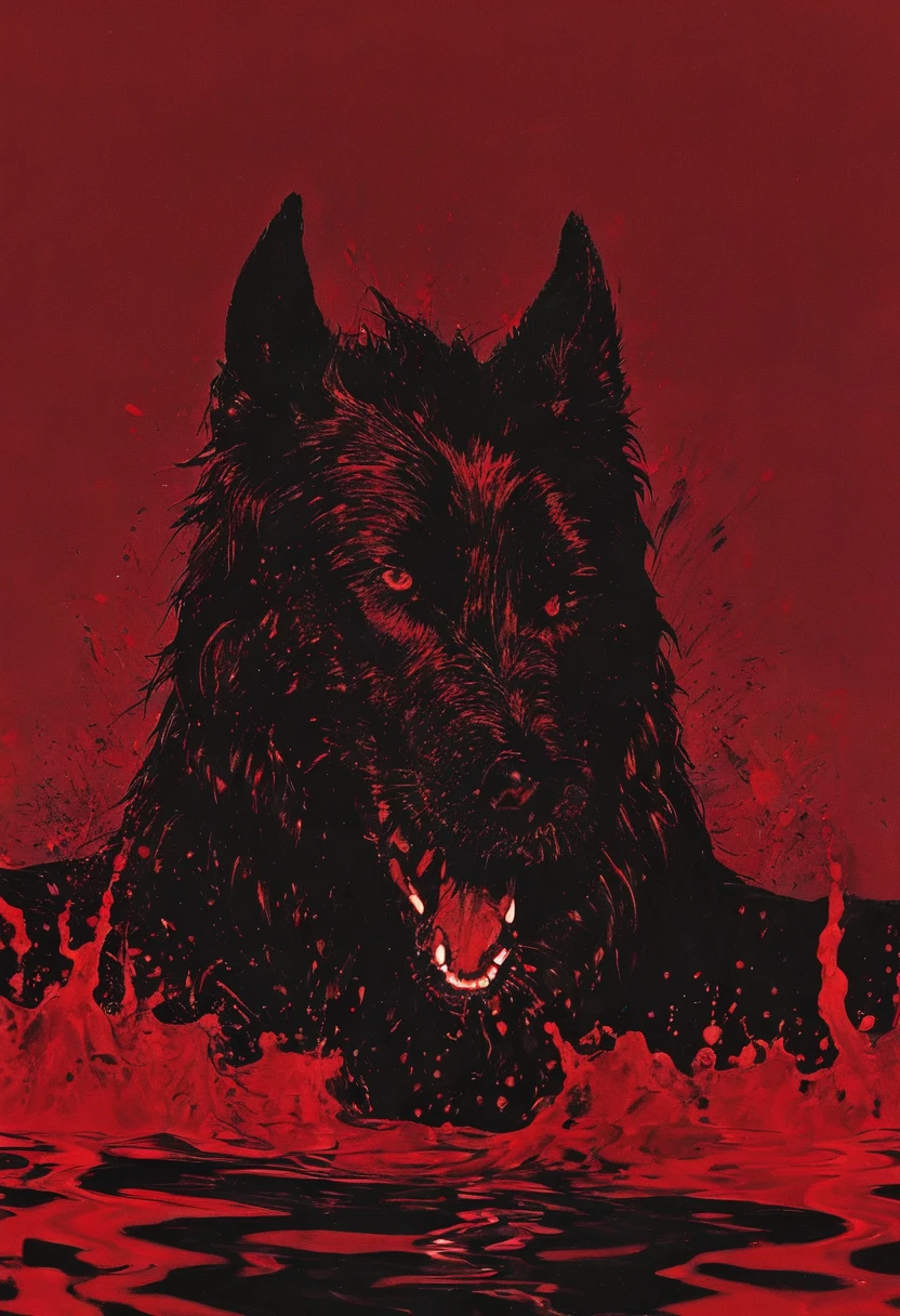 giant angry black dog in water at night, red background