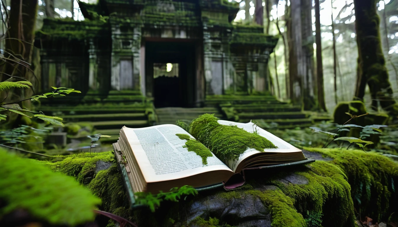 "An ancient, abandoned temple in the middle of a dense forest. The temple is partially covered with vines and moss, and there's an old, tattered book lying open at the altar. A faint, ghostly light emanates from the book, casting shadows that resemble ghostly faces."