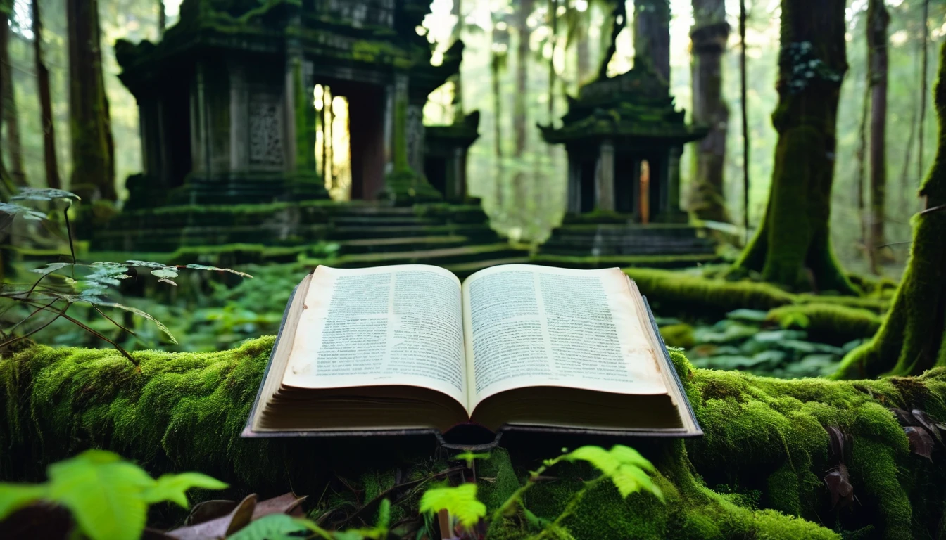 "An ancient, abandoned temple in the middle of a dense forest. The temple is partially covered with vines and moss, and there's an old, tattered book lying open at the altar. A faint, ghostly light emanates from the book, casting shadows that resemble ghostly faces."