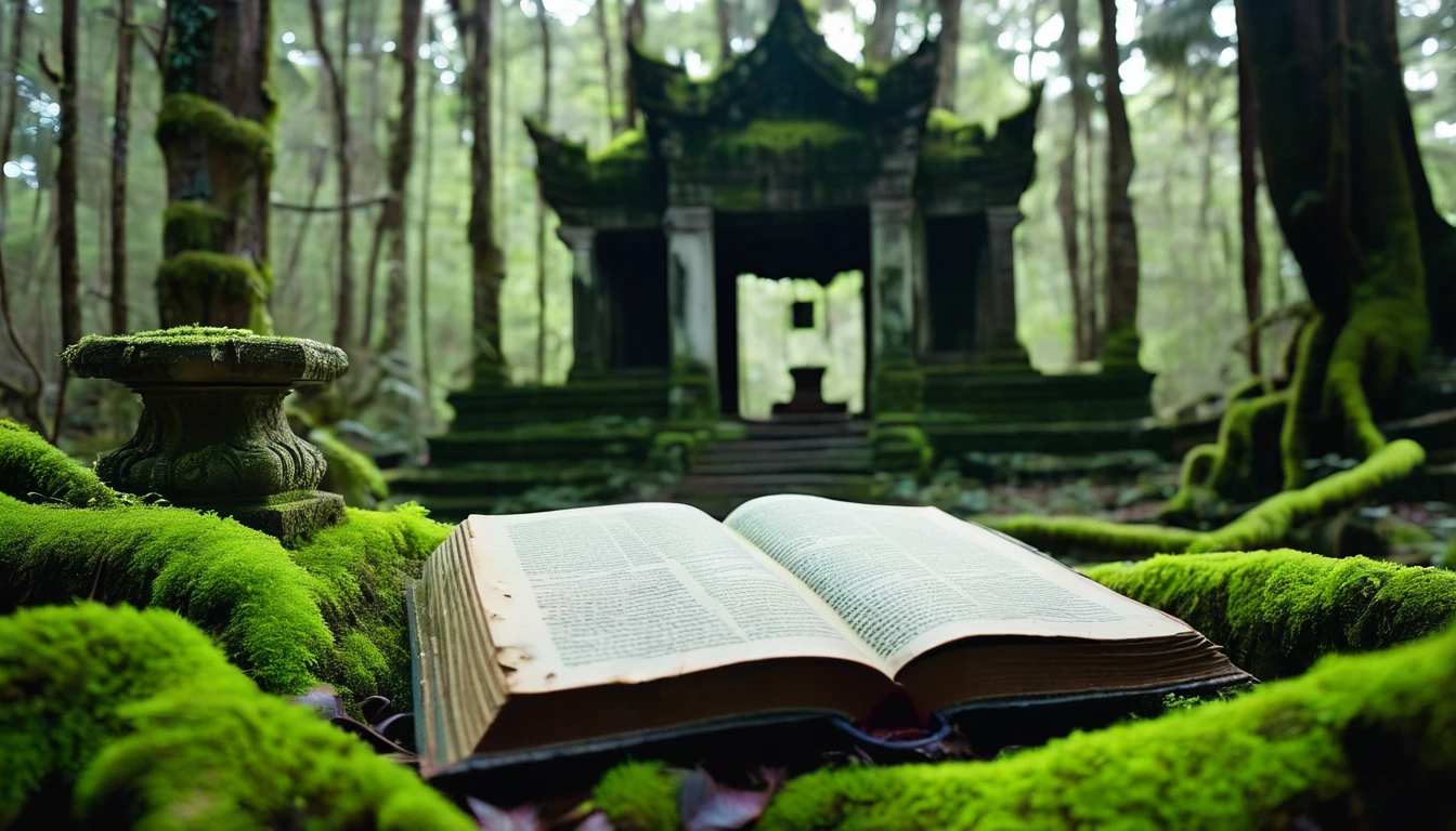 "An ancient, abandoned temple in the middle of a dense forest. The temple is partially covered with vines and moss, and there's an old, tattered book lying open at the altar. A faint, ghostly light emanates from the book, casting shadows that resemble ghostly faces."