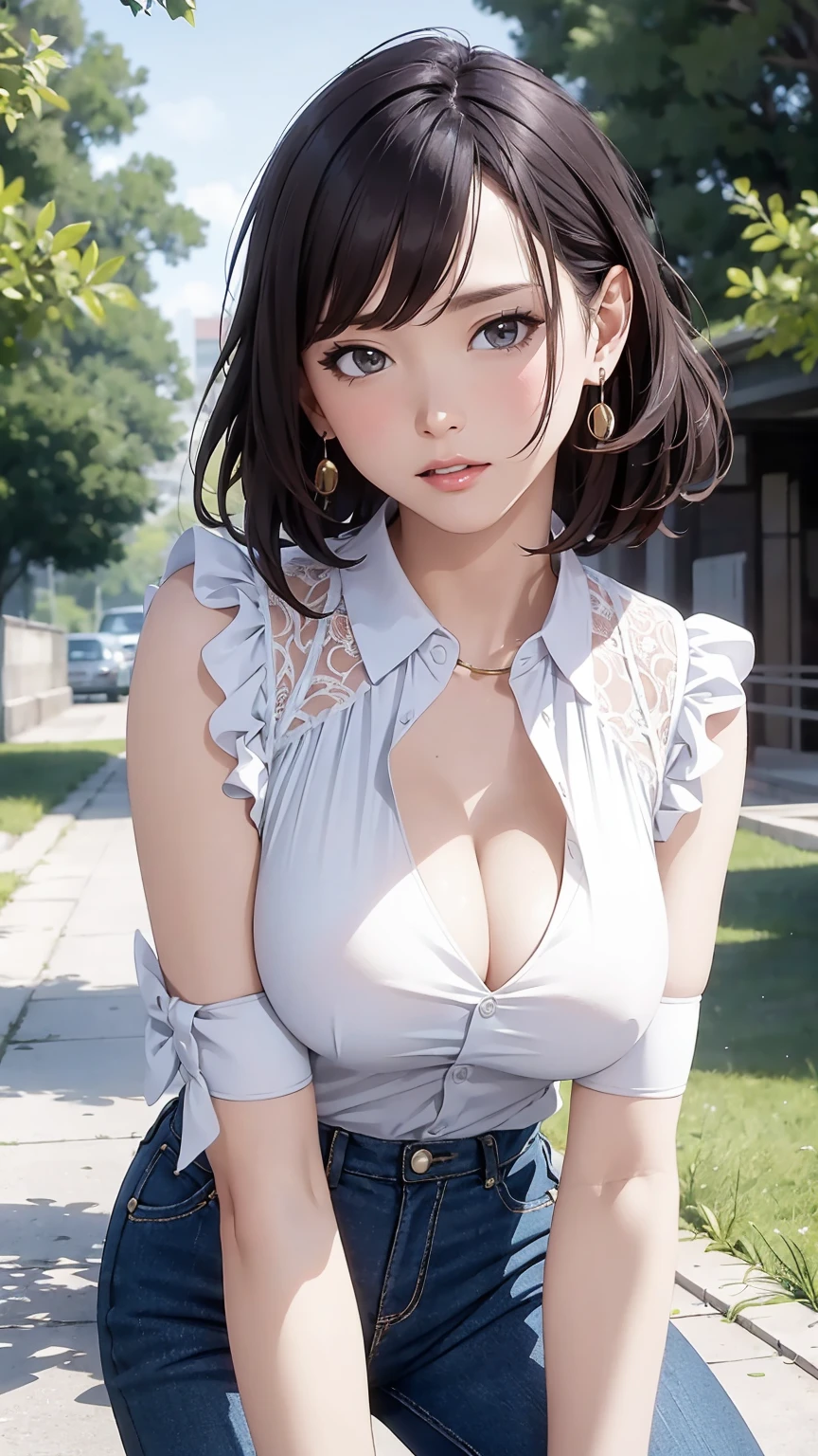 Girl in summer clothes, White blouse, Tight check pattern, As if I wanted to kiss you, (Girl crouching and looking at the camera), Medium chest, Cleavage, Random Background, Sexy expression, ((Very detailed)), (Perfectly detailed face), (Detailed and well-drawn hand) Photorealistic images.