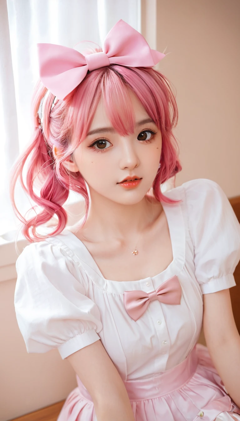 Pink Hair、Anime girl with a bow, Kawaii realistic portrait, Gu Weiss, Portrait of a magical girl, Lovely characters, Lovely art style, Anime cute art style, Maple Story Character Art, Lovely portrait, Cute anime girl portrait, Portrait of a little person, artwork in the style of Gu Weiss, Ink art anime loli