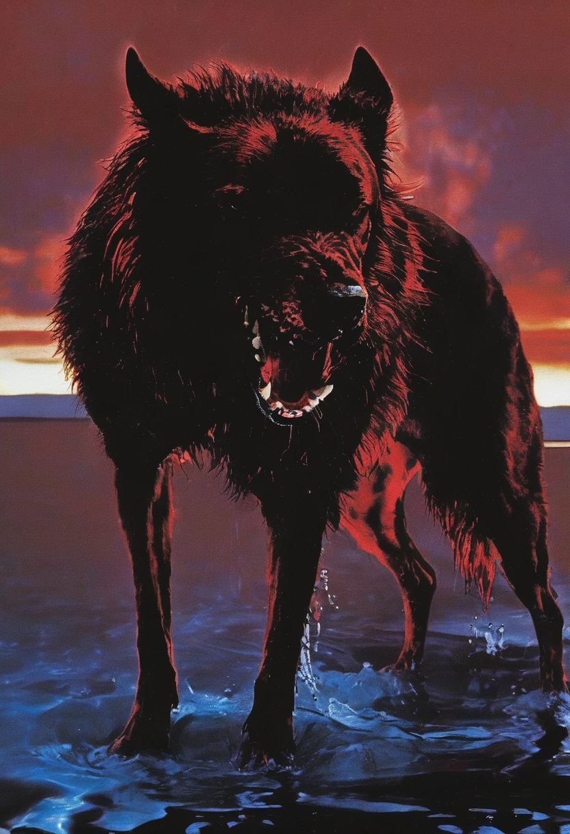 wolf in water, sunset background