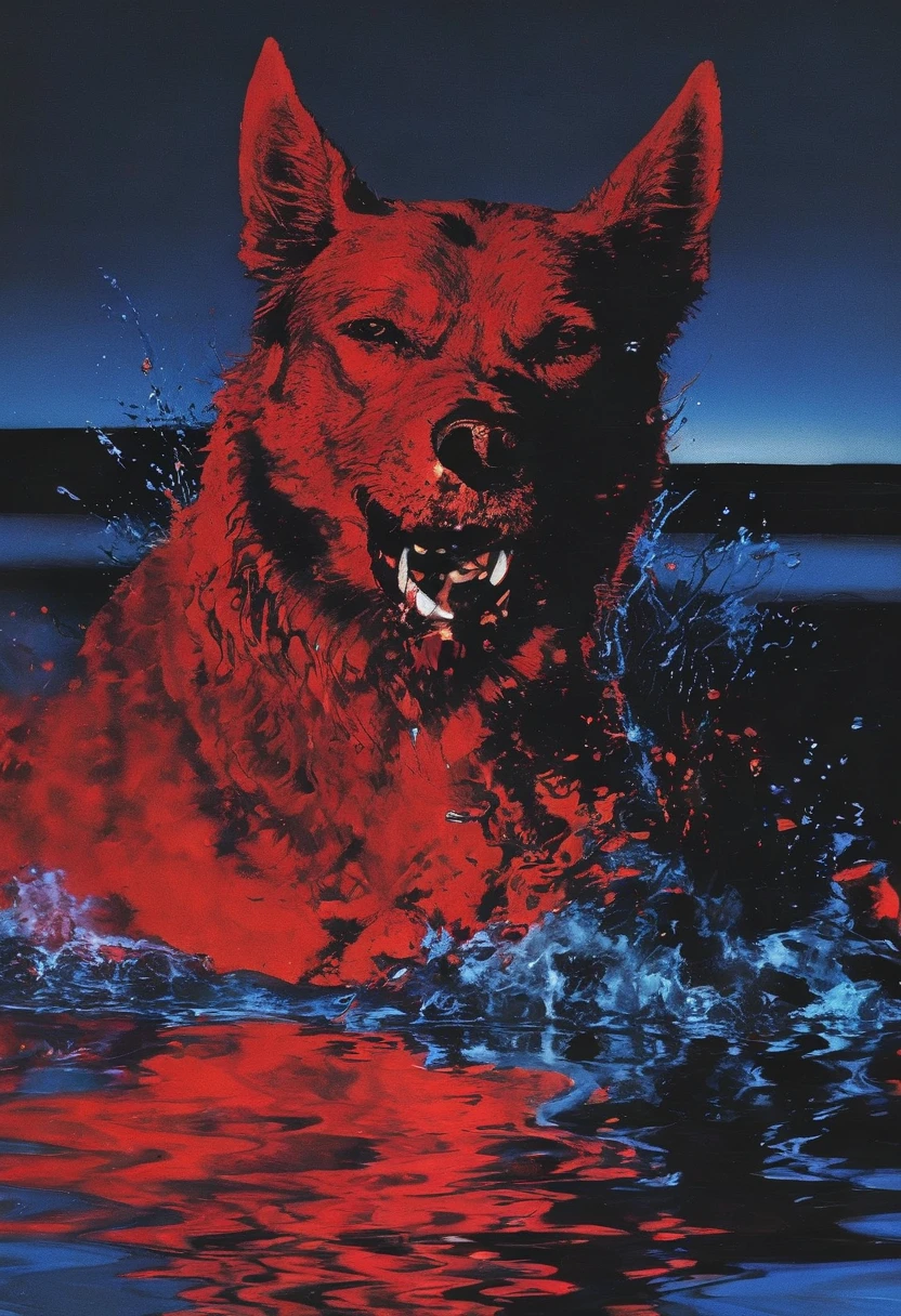 giant angry red dog in water at night, sunset background