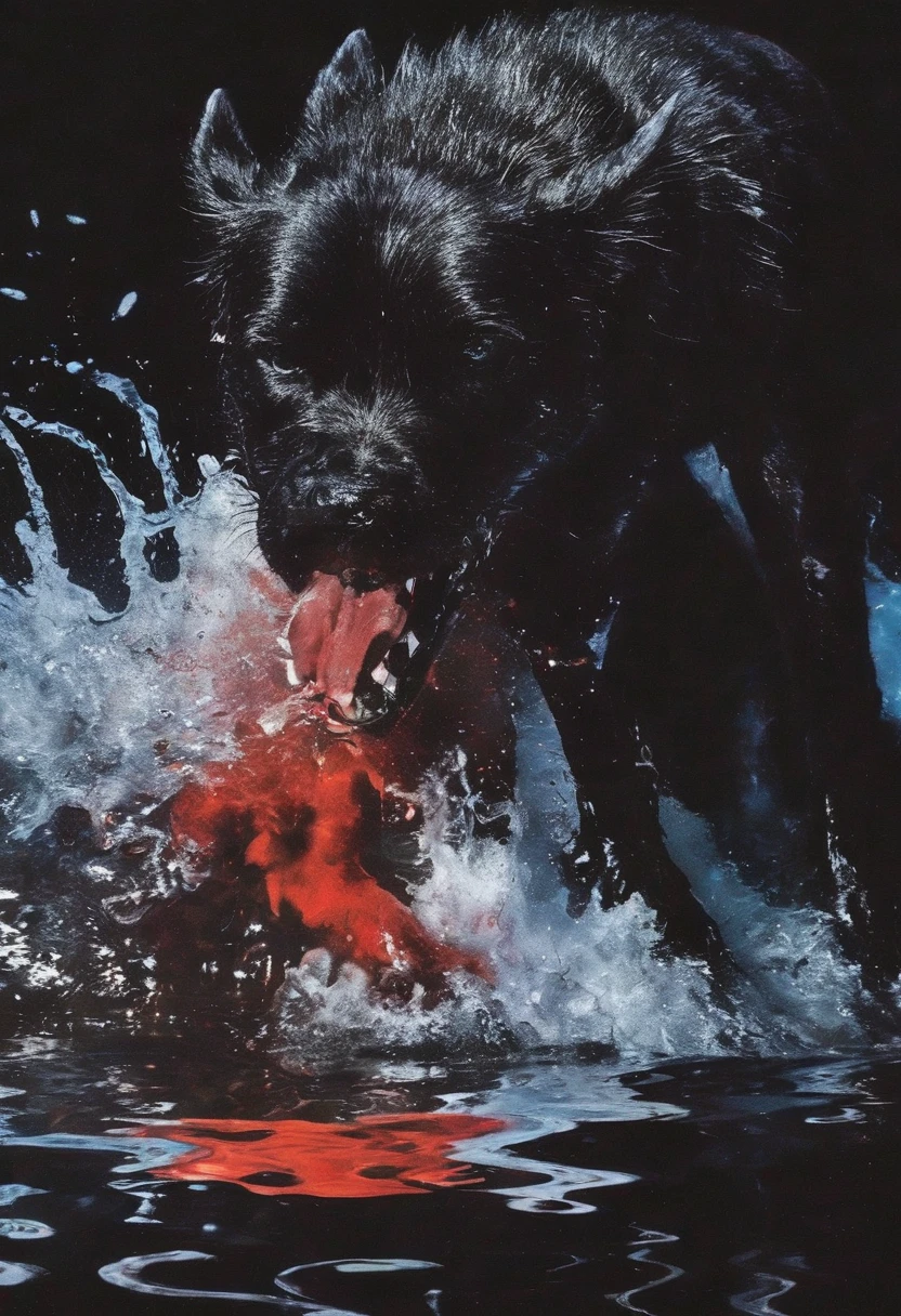 giant angry red dog in water at night, sunset background