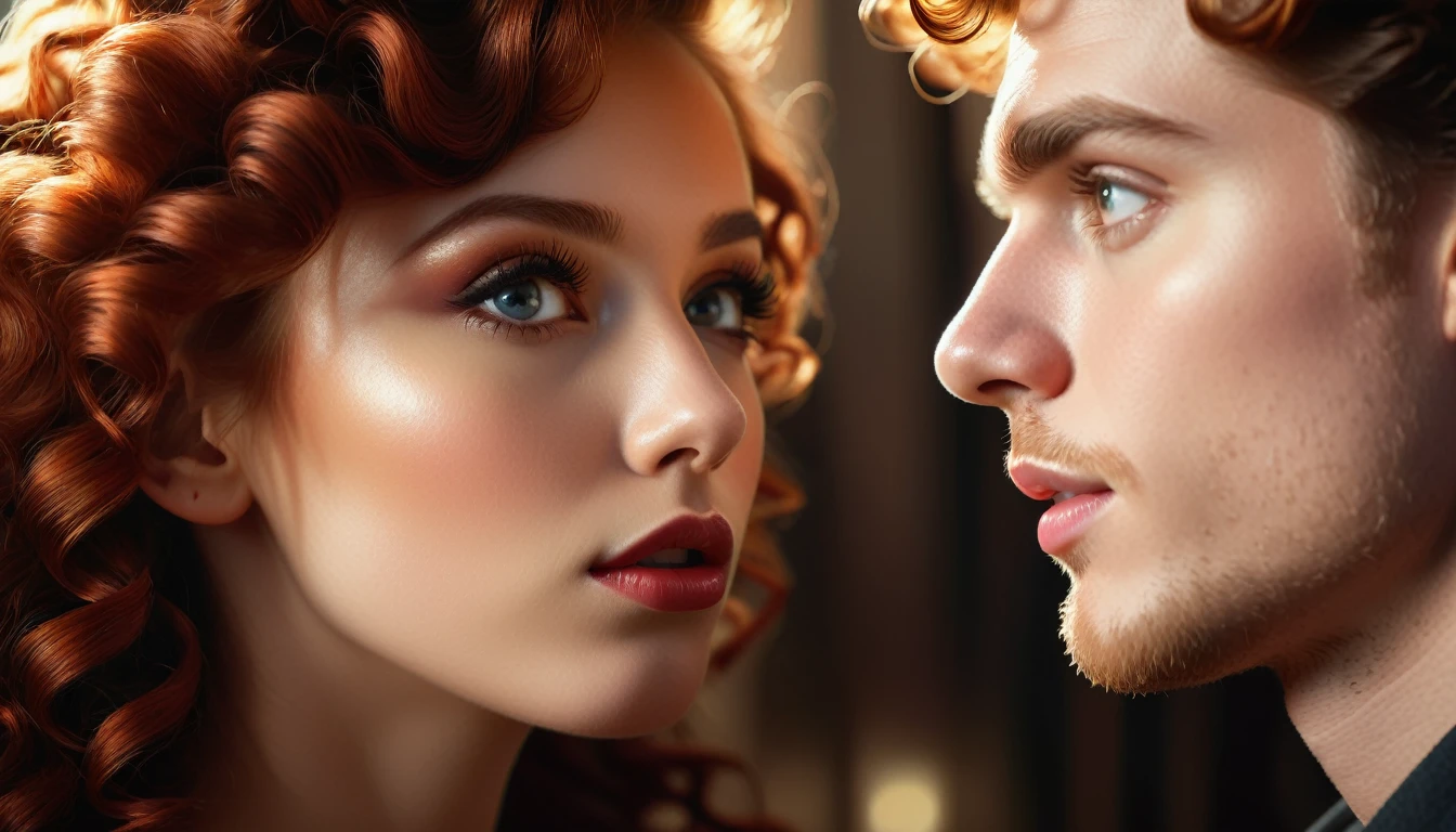 beautiful detailed eyes, beautiful detailed lips, extremely detailed eyes and face, long eyelashes, 1 girl, 1 boy, redhead girl, black curly hair boy, gazing into each other's eyes, intimate moment, dramatic lighting, cinematic, warm color palette, dramatic shadows, chiaroscuro lighting, digital painting, highly detailed, photorealistic, 8k, best quality, masterpiece, ultra-detailed