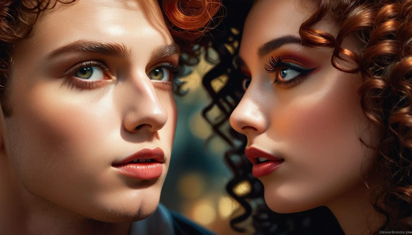beautiful detailed eyes, beautiful detailed lips, extremely detailed eyes and face, long eyelashes, 1 girl, 1 boy, redhead girl, black curly hair boy, gazing into each other's eyes, intimate moment, dramatic lighting, cinematic, warm color palette, dramatic shadows, chiaroscuro lighting, digital painting, highly detailed, photorealistic, 8k, best quality, masterpiece, ultra-detailed