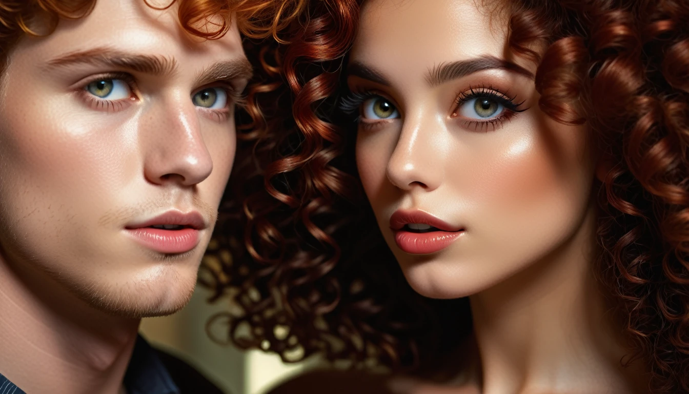 beautiful detailed eyes, beautiful detailed lips, extremely detailed eyes and face, long eyelashes, 1 girl, 1 boy, redhead girl, black curly hair boy, gazing into each other's eyes, intimate moment, dramatic lighting, cinematic, warm color palette, dramatic shadows, chiaroscuro lighting, digital painting, highly detailed, photorealistic, 8k, best quality, masterpiece, ultra-detailed