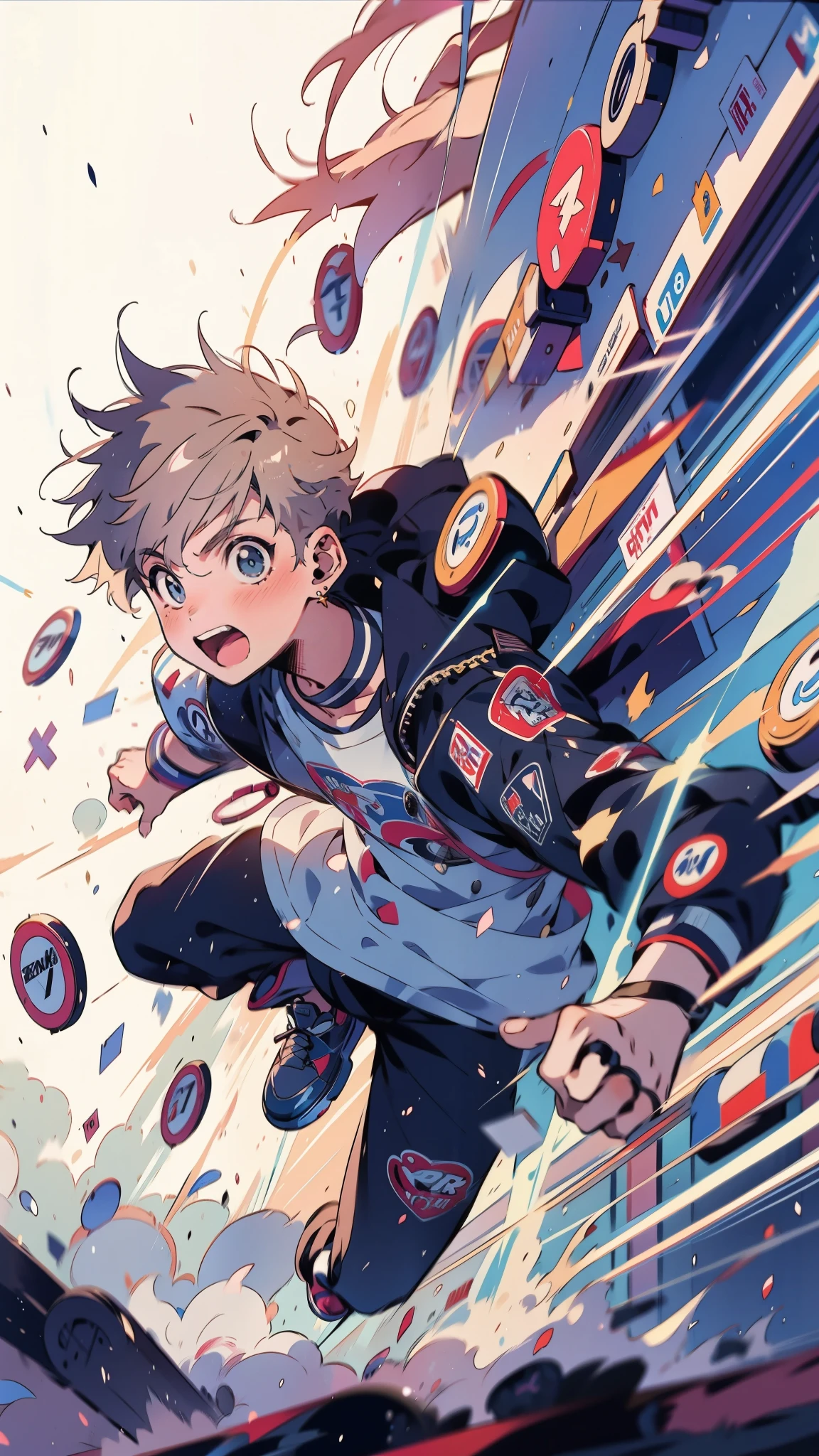 A blur of motion – a stylish ager with a determined expression, leaping through the air amidst a shower of glowing arcade tokens. Abstract trails of light streak across the background, representing their speed. Action movie scene, dynamic composition, high angle shot, abasterpiece)), ((best quality)), ultra detailed,((illustration)), dynamic angle, detailed light, (delicate eyes), (ahoge:0.8),apathy, ray,frontage,style of anime4 k, 4k anime wallpaper, badass anime 8 k, 4 k comic wallpaper