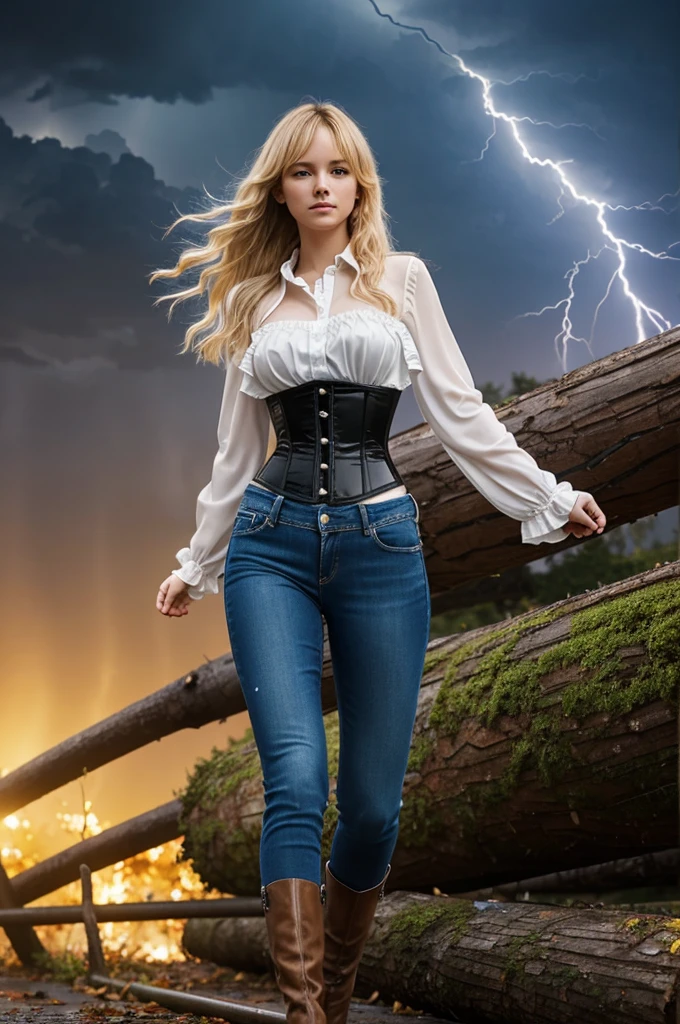 Modern anime-style digital painting of a 25-year-old female teacher in a frontal view and action pose during an autumn day, soaked by rain with dramatic lightning in the background. She is 165 cm tall, with measurements of 91-61-81 cm, and has waist-length, wavy blond hair with V bangs and bright blue eyes. Emitting a golden aura, she stands dynamically with one leg raised on a fallen log. She wears a ruffled white blouse, a black corset, skinny tight blue jeans, and high black boots, all drenched by the rain. The scene is set against rich autumn foliage and vivid lightning, enhancing the intense and mystical atmosphere.