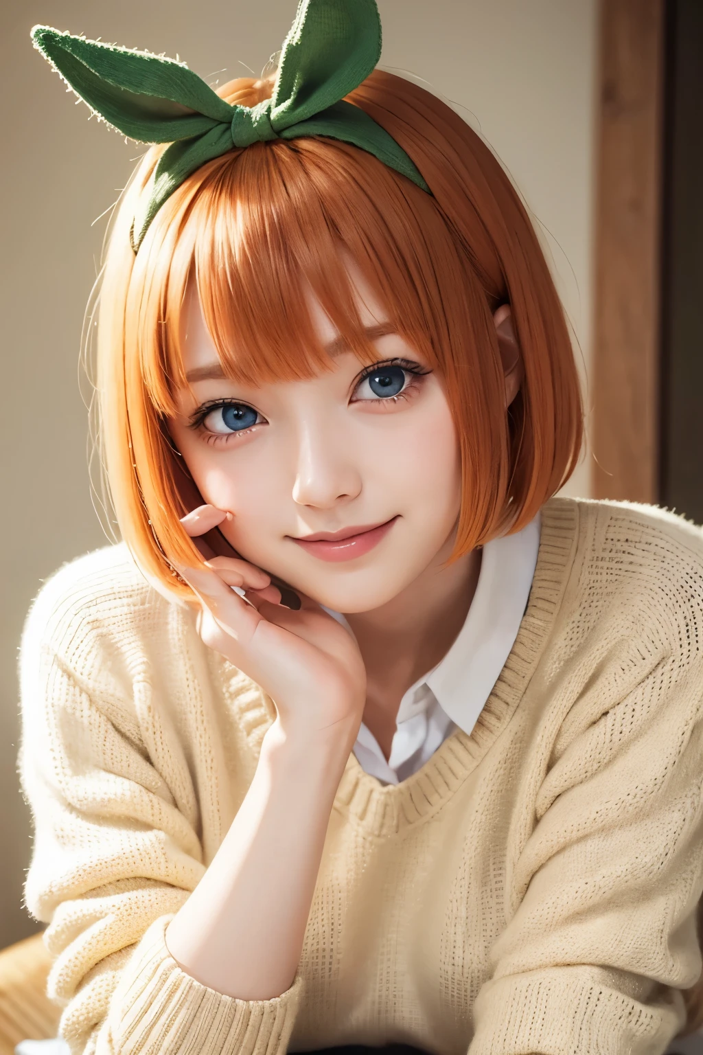 Nakano Yotsuba, Short_hair, Bangs, Blue_Eyes, orange_hair, Hair Bow, Green Ribbon, hair_Bland_Eyes,A smile, knitted sweater, Nasty poses