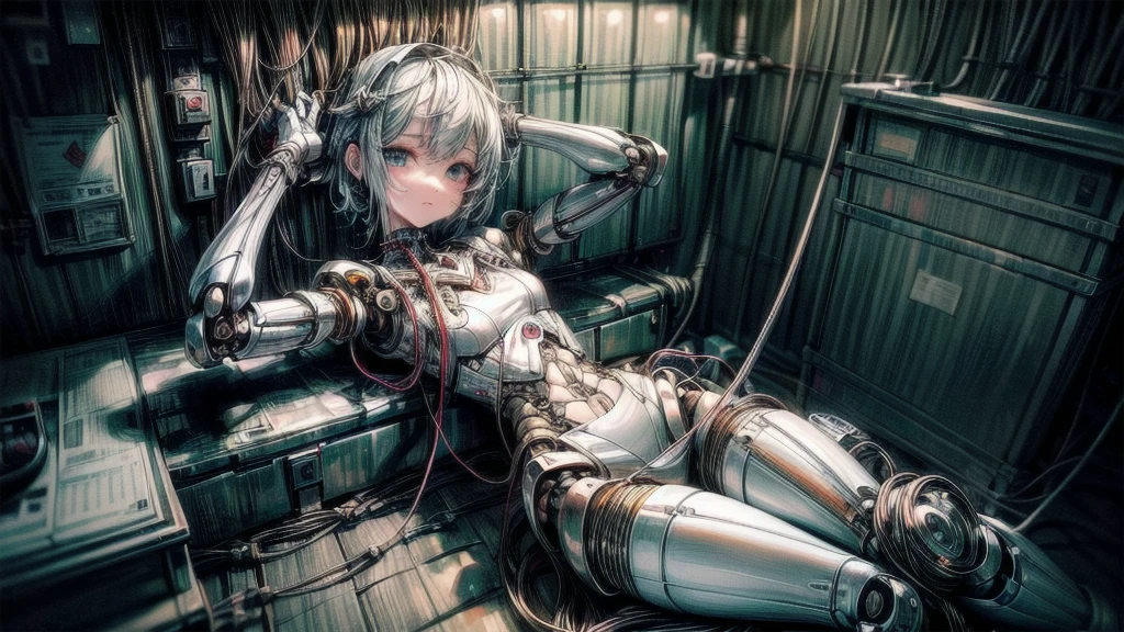 (((masterpiece))), (((Highest quality))), ((Very detailed)), (Highly detailed CG illustrations), ((Very delicate and beautiful)),(Cute and delicate face),Light,((1. Machine Girl)),alone,whole body,(Machine made joints:1.4),((Mechanical Limbs)),(Muscle swelling),(The container is connected to a tube),(Brain in a container:1.3),((Mechanical vertebrae attached to the back)),((Mechanical cervical spine attached to the neck)),((Sitting)),poker face,(Wires and cables attached to head and body:1.5),Small breasts,short hair,(Character Focus),SF,Lying down,Dark shortcuts,Centering shortcuts,A devastated society,alone,