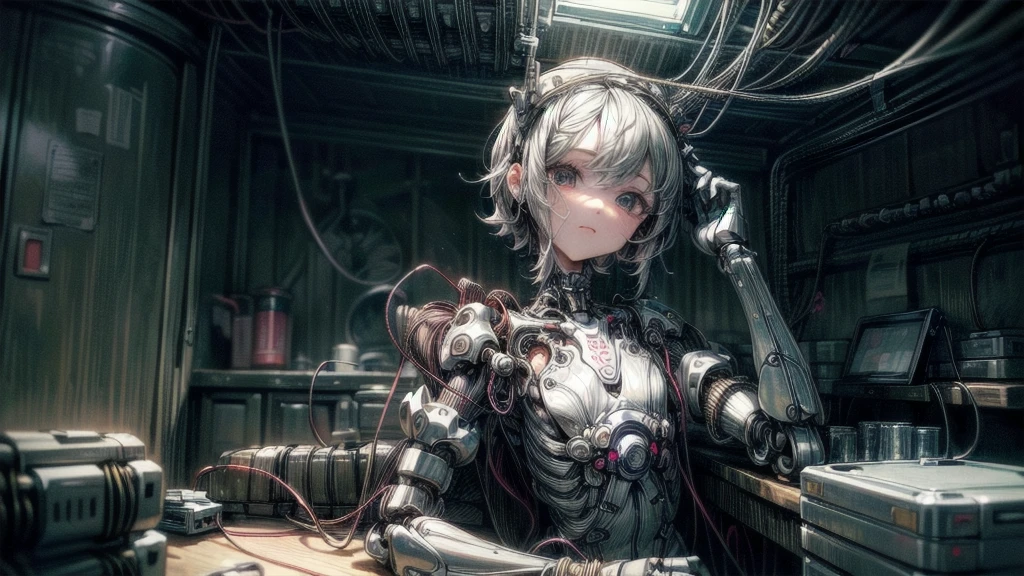 (((masterpiece))), (((Highest quality))), ((Very detailed)), (Highly detailed CG illustrations), ((Very delicate and beautiful)),(Cute and delicate face),Light,((1. Machine Girl)),alone,whole body,(Machine made joints:1.4),((Mechanical Limbs)),(Muscle swelling),(The container is connected to a tube),(Brain in a container:1.3),((Mechanical vertebrae attached to the back)),((Mechanical cervical spine attached to the neck)),((Sitting)),poker face,(Wires and cables attached to head and body:1.5),Small breasts,short hair,(Character Focus),SF,Lying down,Dark shortcuts,Centering shortcuts,A devastated society,alone,