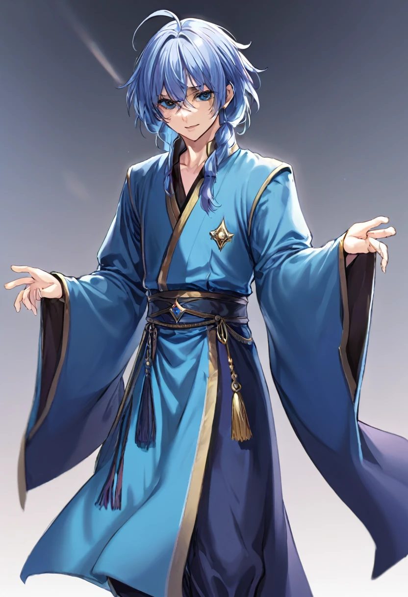 best quality, high quality,ulutra detailed,16k,line art,hard-edged,(Full body:1.5),Standing Upright ,expressionless,deep detailed eyes,blue hair,(thirties man:1.5),wizard,blue hair,expressionless,deep detailed eyes,blurry background