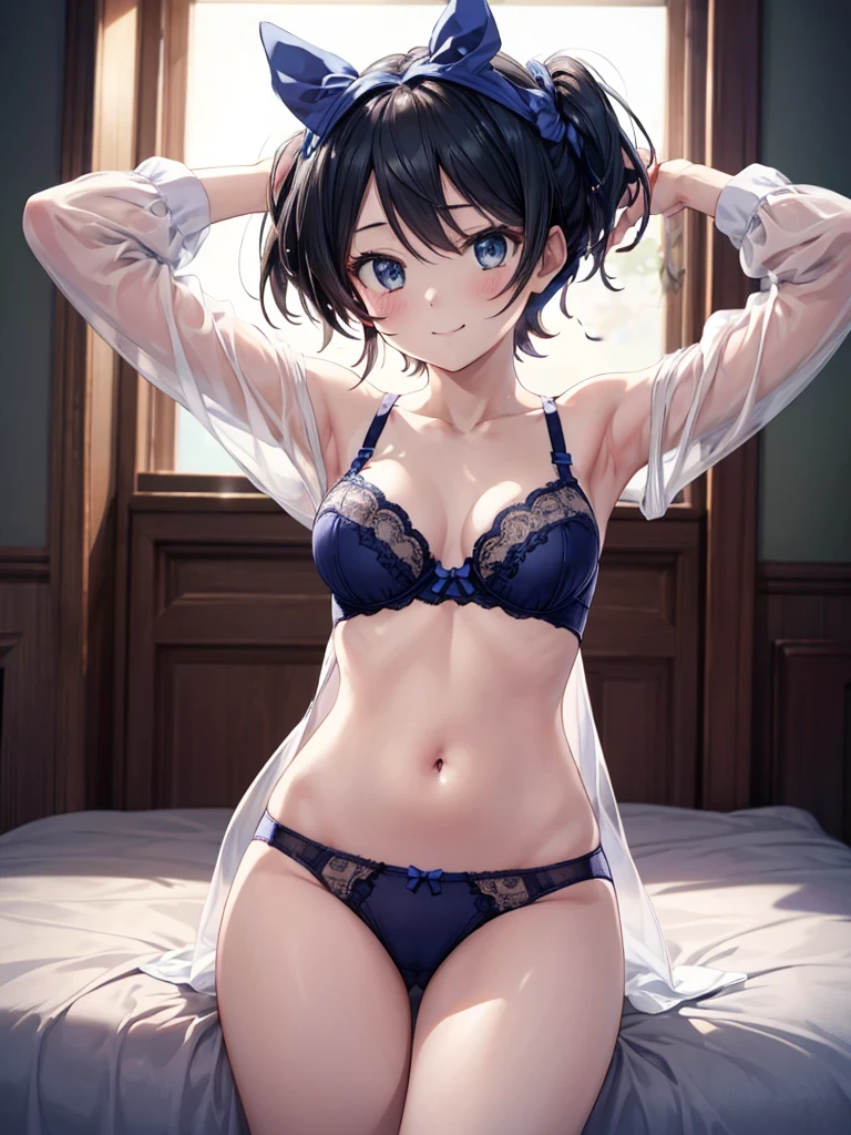 Highest quality、 [3D Images:1.15]、[8K images:1.5]、Three-dimensional、sexy、Cowboy Shot、Both arms、Are standing、1 Girl, character、in house、(久美子のイメージカラーunderwear、レッドunderwear、 underwear),赤のunderwear, Looking at the audience, smile,Realistic eyes、A girl who is cute no matter who you look at、The absolute standard is the center of the navel、smile，In the room， (Close-up shot, Highest quality,High resolution, 4K, Detailed lighting, Shaders, Browsing Caution), 上下白のunderwear、lingerie、A woman who is cute no matter who sees her、Both arms、Completely naked:1.4、Blue ribbon