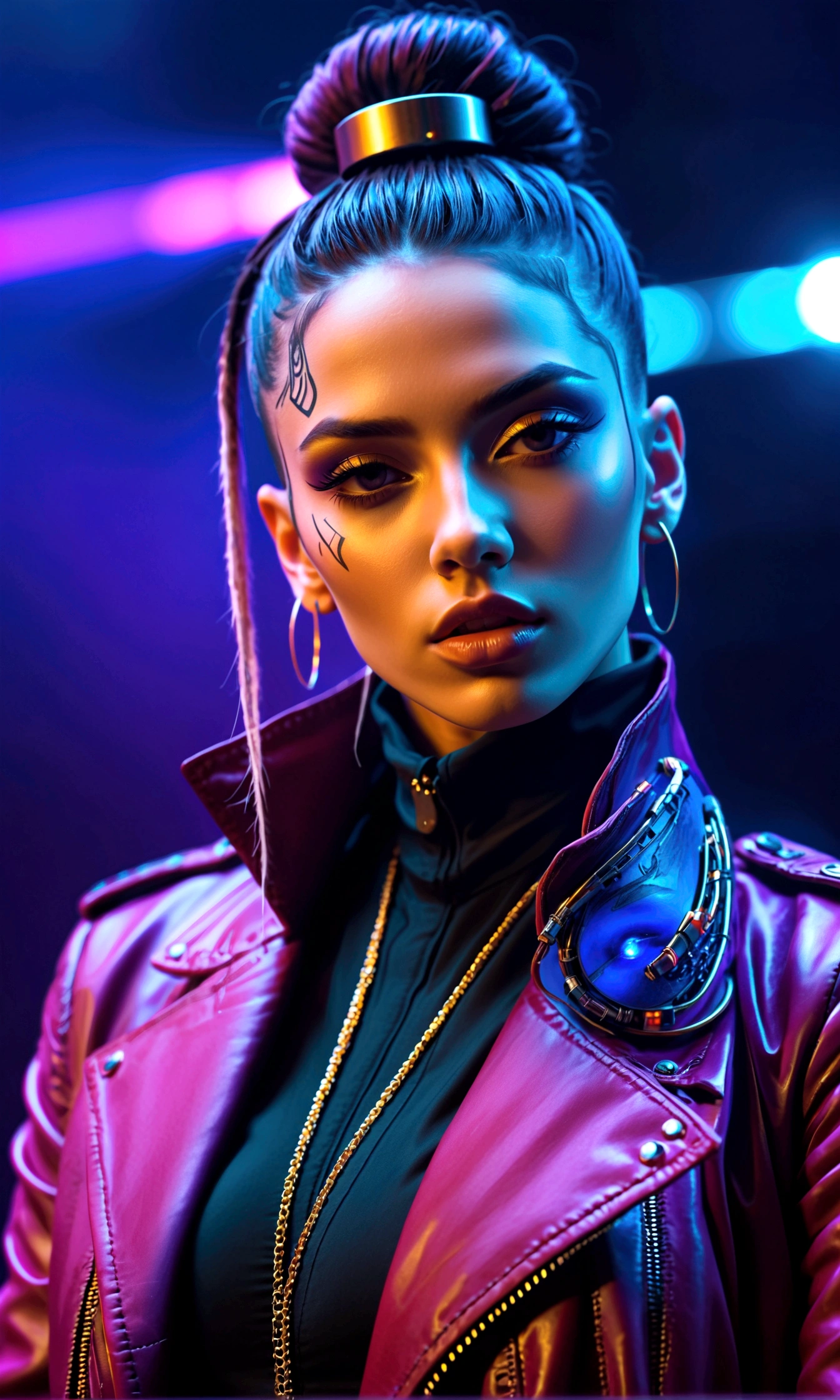 cyberpunk style rapper performing on stage, masculine, band, detailed facial features, lovely, detaillierte Augen, beautiful detailed lips, extrem detailliertes Gesicht, lange Haare, bun, Lederjacke, on stage, Neonlichter, Science-Fiction-Stadtbild-Hintergrund, dramatische Beleuchtung, filmisch, stimmungsvolle Farben, dark blue and purple tones, hyperrealistisch, fotorealistisch, 8k, best quality, Meisterwerk