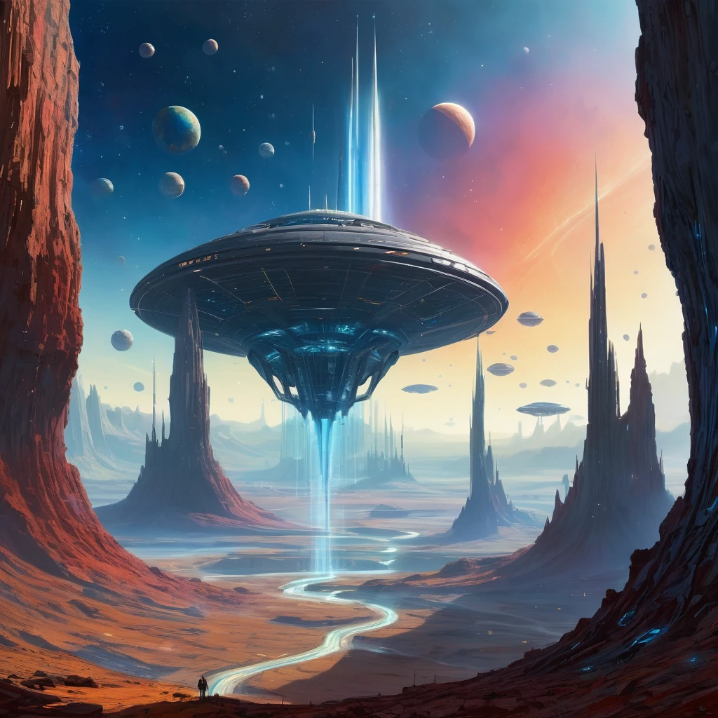 Create an incredibly amazing and fantastical image in the style of Chris Foss. Imagine a sprawling, otherworldly landscape on an alien planet, characterized by vivid colors, grandiose structures, and futuristic technology. The scene is set under a sky filled with multiple moons and swirling nebulae, casting a surreal light over the terrain.
In the foreground, a colossal spaceship, with intricate geometric designs and vibrant color patterns, is either landing or taking off from a futuristic spaceport. The ship's surface gleams with metallic hues of blue, red, and gold, showcasing Foss’s signature use of bold colors and complex patterns.
Surrounding the spaceport are enormous, awe-inspiring structures and towers that stretch towards the sky, each one uniquely designed with a mix of sharp angles and smooth curves. The buildings are adorned with glowing lights and holographic displays, adding to the futuristic atmosphere.
In the background, a vast, alien landscape extends into the distance, featuring strange rock formations, towering cliffs, and rivers of liquid light that flow through the valleys. Exotic flora with large, colorful leaves and bioluminescent flowers add an element of otherworldly beauty to the scene.
The sky is a dazzling display of cosmic phenomena, with vibrant colors of nebulae, sparkling stars, and multiple moons in various phases, casting a magical glow over the landscape. Use detailed, flowing lines to capture the intricate designs and the grand scale of the scene.
The entire image should evoke a sense of wonder, adventure, and the boundless possibilities of the universe, capturing the unique and fantastical style of Chris Foss to create a truly captivating masterpiece.