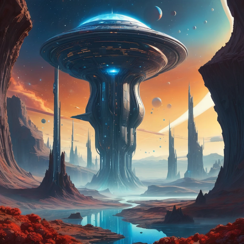 Create an incredibly amazing and fantastical image in the style of Chris Foss. Imagine a sprawling, otherworldly landscape on an alien planet, characterized by vivid colors, grandiose structures, and futuristic technology. The scene is set under a sky filled with multiple moons and swirling nebulae, casting a surreal light over the terrain.

In the foreground, a colossal spaceship, with intricate geometric designs and vibrant color patterns, is either landing or taking off from a futuristic spaceport. The ship's surface gleams with metallic hues of blue, red, and gold, showcasing Foss’s signature use of bold colors and complex patterns.

Surrounding the spaceport are enormous, awe-inspiring structures and towers that stretch towards the sky, each one uniquely designed with a mix of sharp angles and smooth curves. The buildings are adorned with glowing lights and holographic displays, adding to the futuristic atmosphere.

In the background, a vast, alien landscape extends into the distance, featuring strange rock formations, towering cliffs, and rivers of liquid light that flow through the valleys. Exotic flora with large, colorful leaves and bioluminescent flowers add an element of otherworldly beauty to the scene.

The sky is a dazzling display of cosmic phenomena, with vibrant colors of nebulae, sparkling stars, and multiple moons in various phases, casting a magical glow over the landscape. Use detailed, flowing lines to capture the intricate designs and the grand scale of the scene.

The entire image should evoke a sense of wonder, adventure, and the boundless possibilities of the universe, capturing the unique and fantastical style of Chris Foss to create a truly captivating masterpiece.