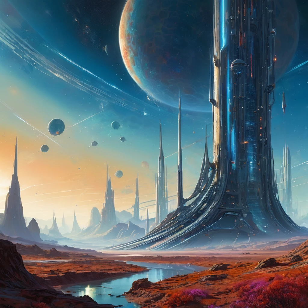 Create an incredibly amazing and fantastical image in the style of Chris Foss. Imagine a sprawling, otherworldly landscape on an alien planet, characterized by vivid colors, grandiose structures, and futuristic technology. The scene is set under a sky filled with multiple moons and swirling nebulae, casting a surreal light over the terrain.

In the foreground, a colossal spaceship, with intricate geometric designs and vibrant color patterns, is either landing or taking off from a futuristic spaceport. The ship's surface gleams with metallic hues of blue, red, and gold, showcasing Foss’s signature use of bold colors and complex patterns.

Surrounding the spaceport are enormous, awe-inspiring structures and towers that stretch towards the sky, each one uniquely designed with a mix of sharp angles and smooth curves. The buildings are adorned with glowing lights and holographic displays, adding to the futuristic atmosphere.

In the background, a vast, alien landscape extends into the distance, featuring strange rock formations, towering cliffs, and rivers of liquid light that flow through the valleys. Exotic flora with large, colorful leaves and bioluminescent flowers add an element of otherworldly beauty to the scene.

The sky is a dazzling display of cosmic phenomena, with vibrant colors of nebulae, sparkling stars, and multiple moons in various phases, casting a magical glow over the landscape. Use detailed, flowing lines to capture the intricate designs and the grand scale of the scene.

The entire image should evoke a sense of wonder, adventure, and the boundless possibilities of the universe, capturing the unique and fantastical style of Chris Foss to create a truly captivating masterpiece.