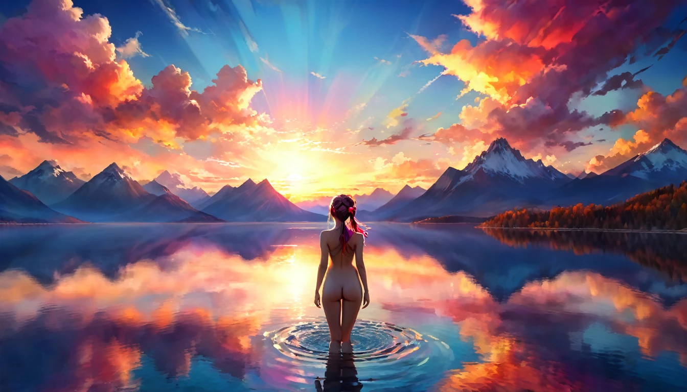Background: A calm, almost infinite lake with mountains on the horizon. Above the horizon is a surreal sunset filled with clouds and vibrant colors, reminiscent of those seen only during special sunsets. In the foreground: A beautiful woman with her hair tied up, naked, and possessing angelic wings.