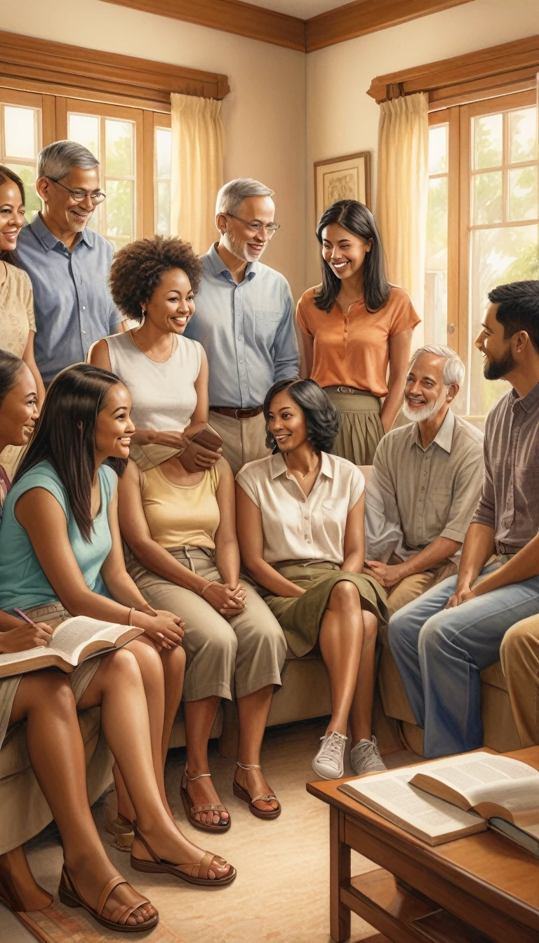 a detailed pencil drawing of a diverse group of people of various ethnicities and ages, dressed casually in shorts, skirts, and pants, in a domestic setting, involved in a Bible study meeting, with subtle line details for added depth, warm color temperature, relaxed expressions, soft lighting, inviting atmosphere, showcasing an artisanal and authentic effect, soft shading, cozy atmosphere