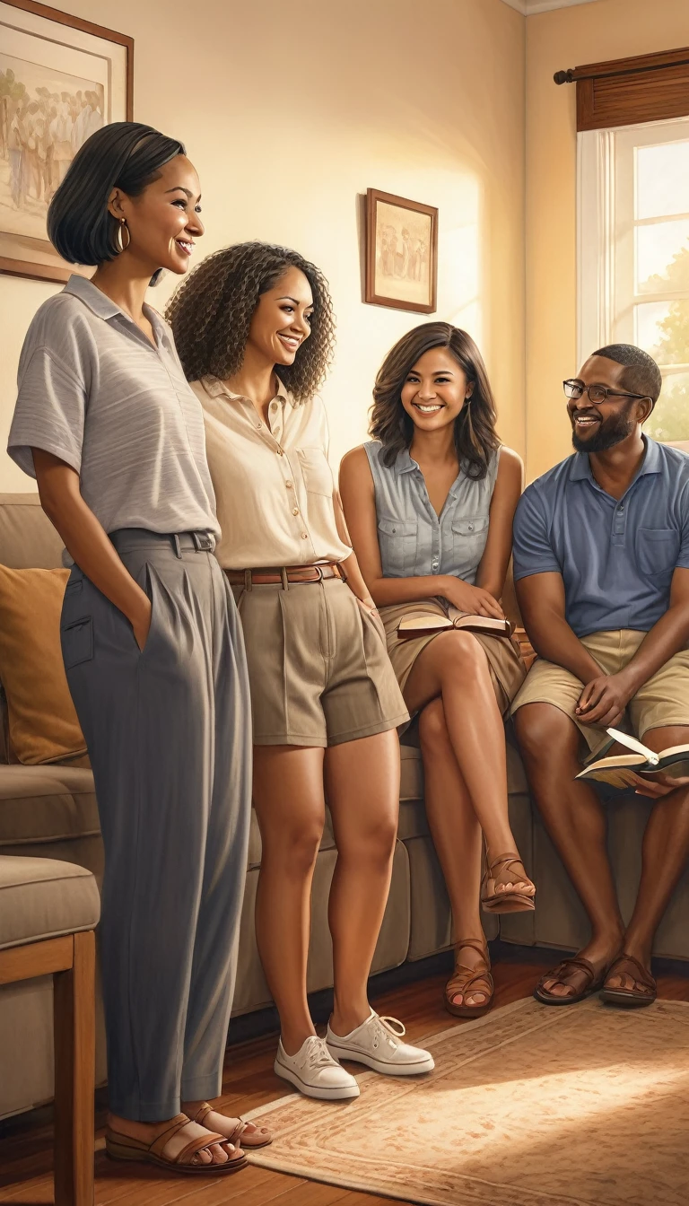 a detailed pencil drawing of a diverse group of people of various ethnicities and ages, dressed casually in shorts, skirts, and pants, in a domestic setting, involved in a Bible study meeting, with subtle line details for added depth, warm color temperature, relaxed expressions, soft lighting, inviting atmosphere, showcasing an artisanal and authentic effect, soft shading, cozy atmosphere