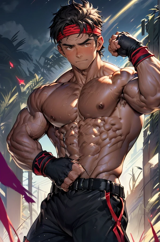 (Masterpiece, Best quality 19 year old boy, black background), solo, Young, boy, muscler, (Dark Short straight hair, under cut, brown eyes, topless), (red headband, ((fingerless gloves, belt, black wristband))), (((trapezoid torso, beefy body, defined round beefy pectorals, defined washboard abs))), (hot Abs:1.2, abs!, big abs, big breast:1.2, chest!, upper arms), Vivid colors, muscler body, (aura power:1.4), detailed face, detailed muscle, (((A magical mystical aura, rippling muscles, chilling atmosphere, subtle color tones, intense action scene)))