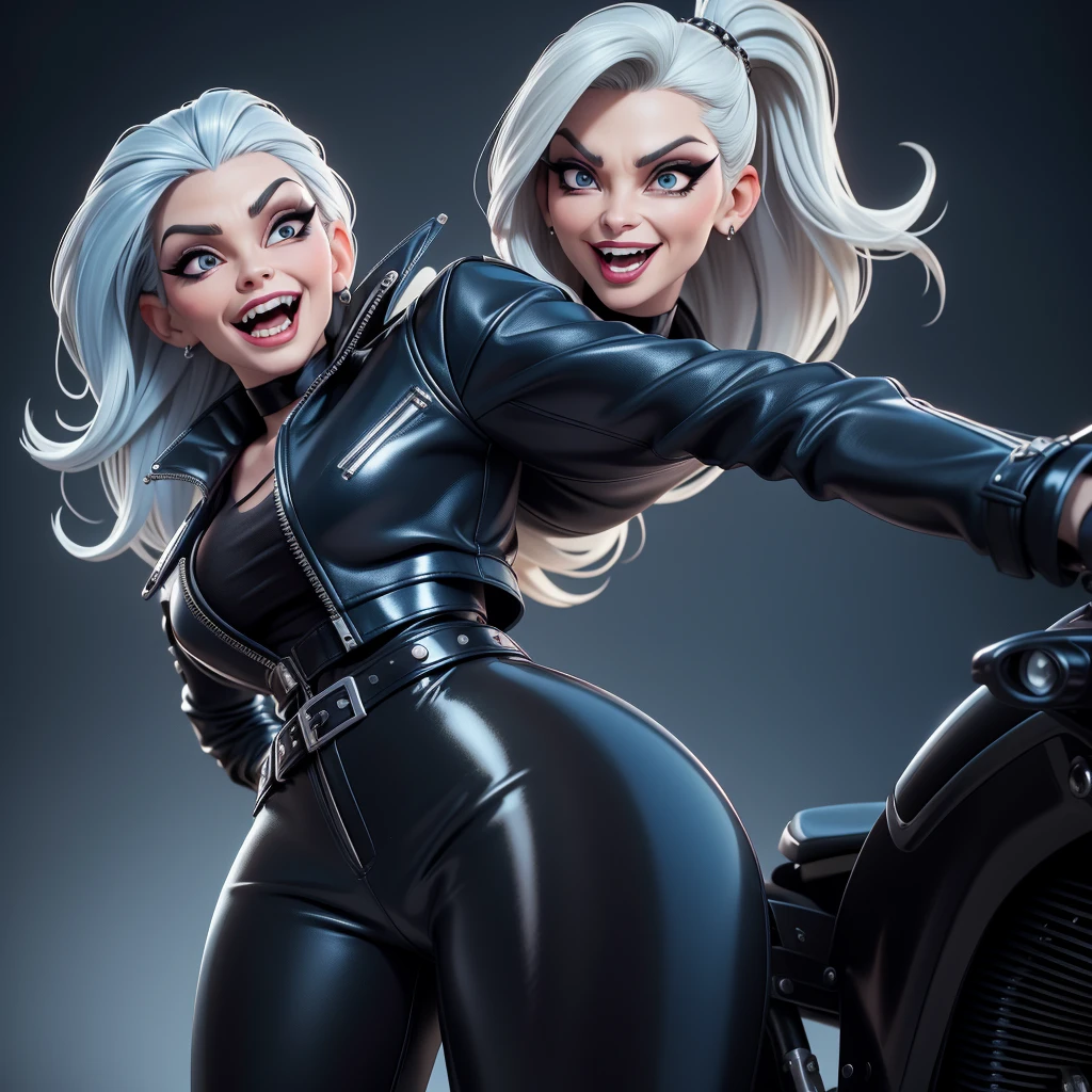 obra prima, melhor qualidade, (cruella deville, michelle pfeiffer, vamp 70yo face wrinkles,) head back, sassy wicked girl, big toothy smile, open mouth, maniacal, extreme, thick smoky black eye shadow, long fake eyelashes, raven black mullet hair, ((metallic blue pvc biker jacket and pants,)) with studs zippers snaps, shiny leather gloves, body is skinny, riding motorcycles, shiny tight buttocks, dazzle, pinup, exaggerated selfie, lap dance, camera view of whole body, looking up at me, shallow depth of field, highres, HD, 8k, anatomically correct