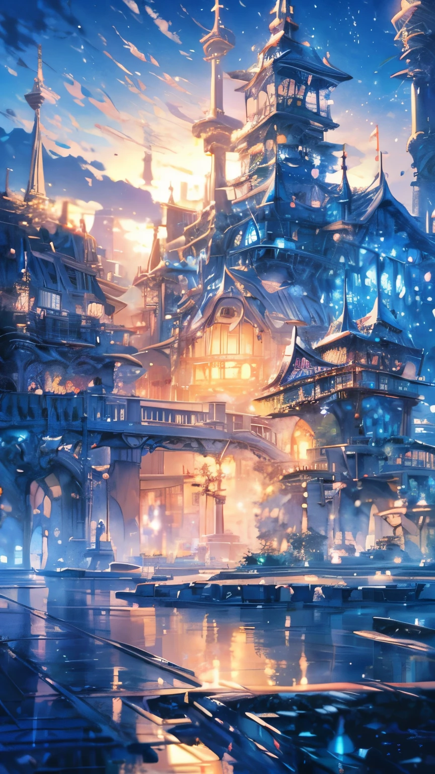 haze, Thomas Kinkade, Aaron Wiesenfeld、Beksinki、Adrian Eversen、Gedimins Plankevicius、Escher, Intricately refined textures, Matte painting details, Deep Color, wonderful, Intricate details、Mysterious Magic School、Anime scenery コンセプトアート, Anime-style streetscape, Studio Ghibli Anime Style, Studio Ghibli art style, Studio Ghibli Program, Anime scenery, Studio Ghibli art style, Landscape painting, Beautiful Anime scenery, A floating city trapped in an ice world、Ultra-fantastical、Night Sky、Beautiful Full Moon、Starlight、Ghibli art style, Makoto Shinkai style, Makoto Shinkai anime, Makoto Shinkai&#39;s art style
