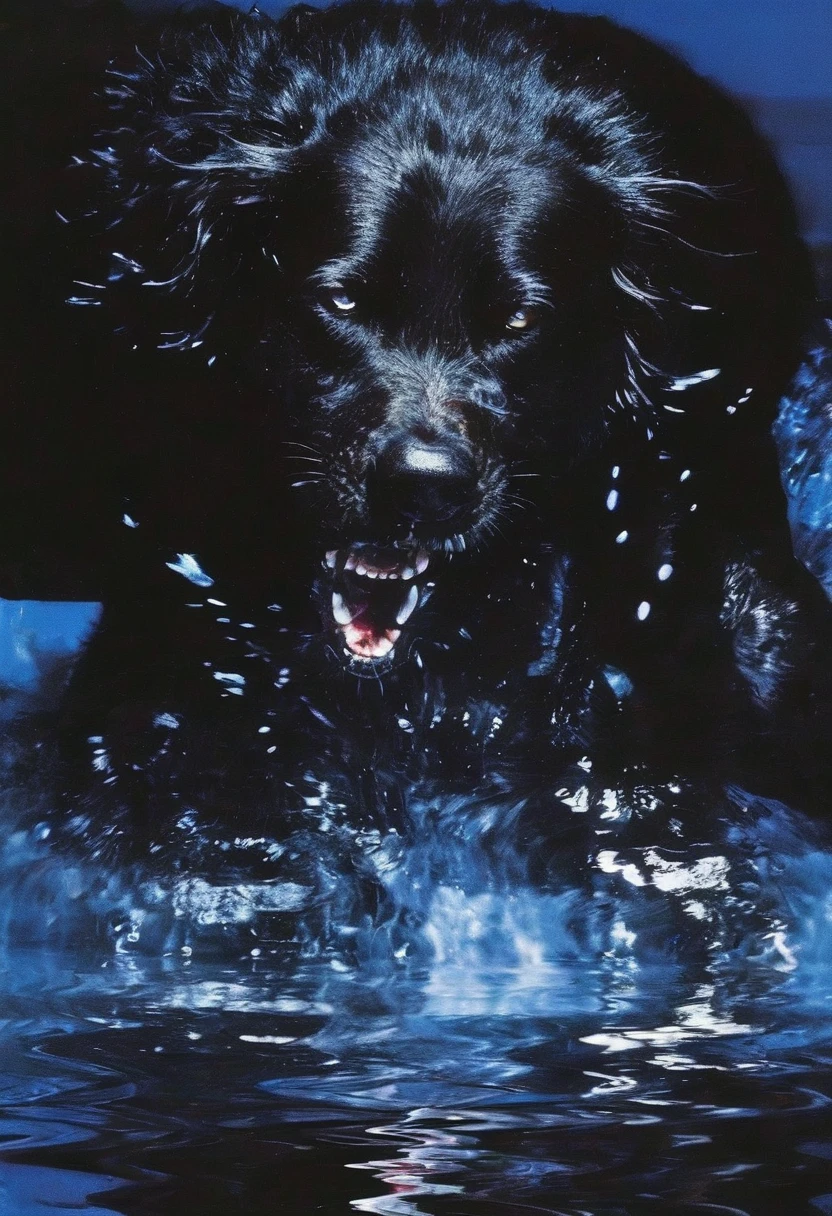 giant angry black dog in water at night, blue background