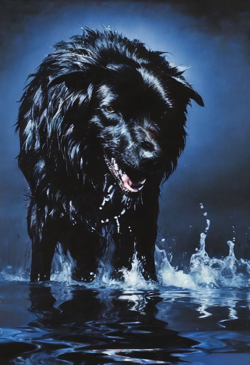 giant angry black dog in water at night, blue background