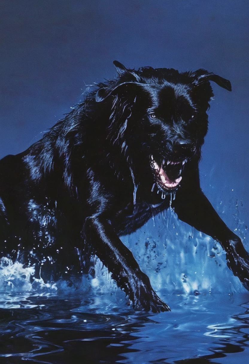 giant angry black dog in water at night, blue background