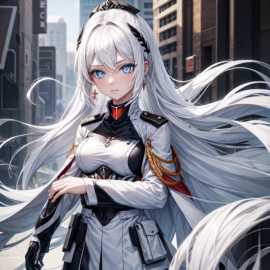 White hair, blue eyes, beautiful female, black military uniform