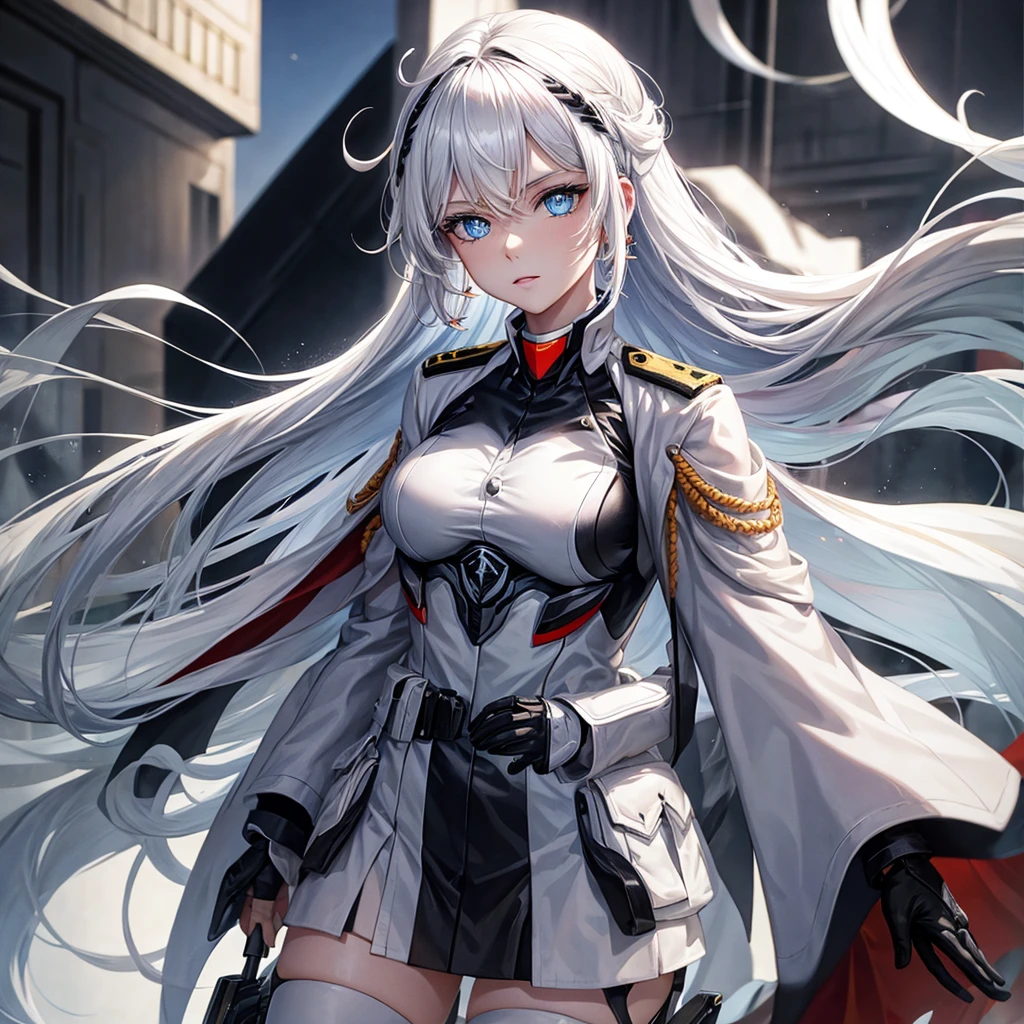 White hair, blue eyes, beautiful female, black military uniform