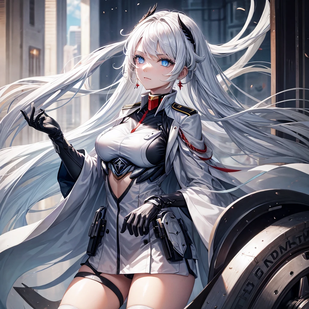 White hair, blue eyes, beautiful female, black military uniform