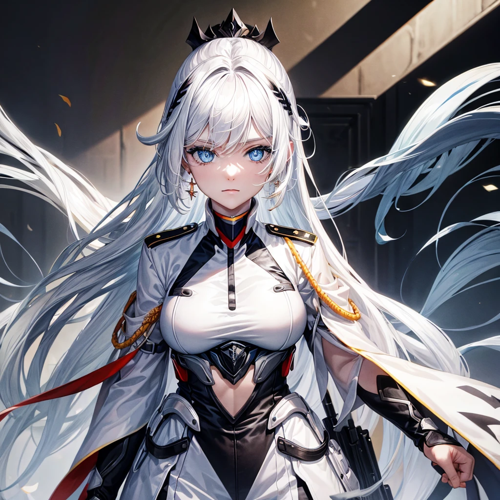 White hair, blue eyes, beautiful female, black military uniform