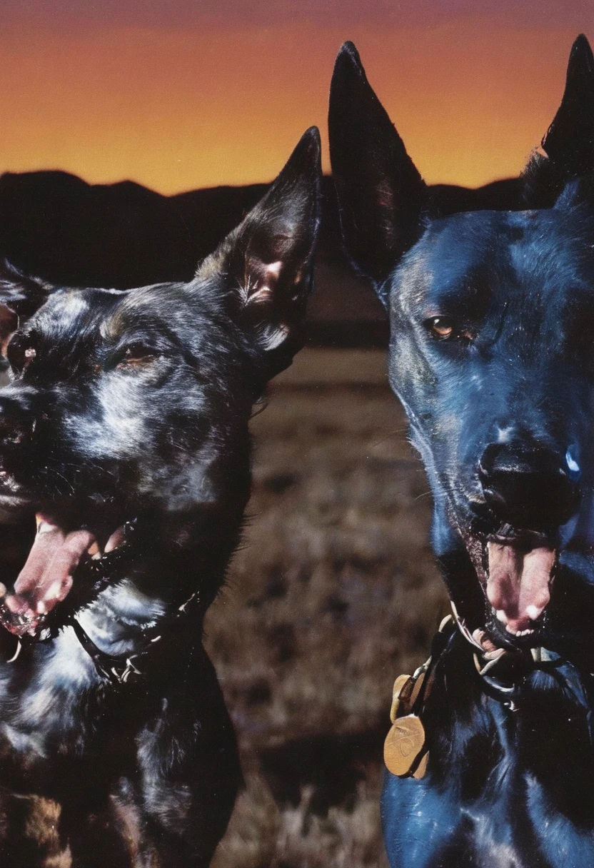 dog with big muzzles at head in front of sunset