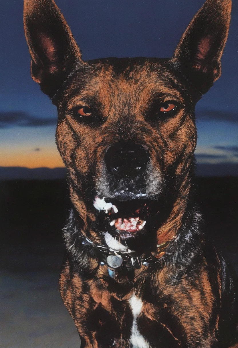 dog with big muzzles at head in front of sunset