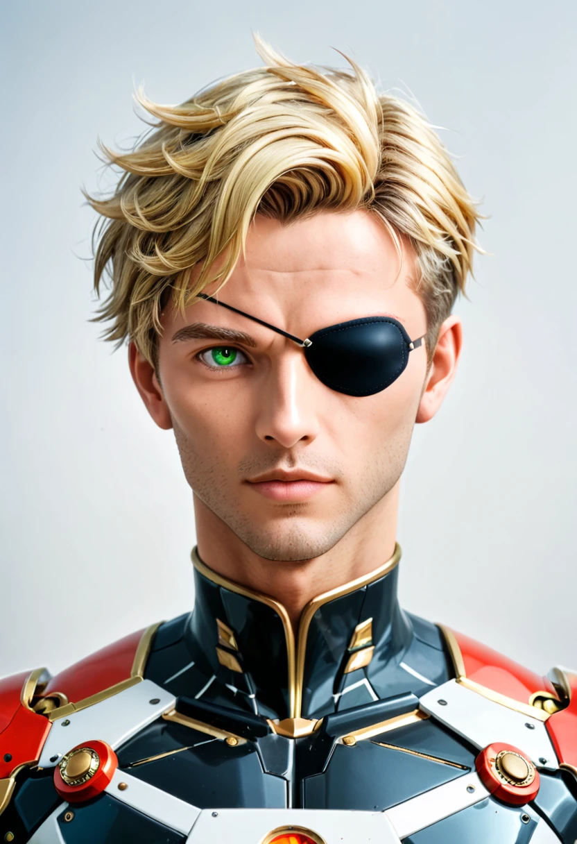 Arafed a picture of a human male spy, wearing dark suit, wearing ((mecha eye patch)) ((only one eyed covered: 1.5) , exquisite beautiful male, blond hair, short crop hair, green eyes, eye patch has intricate mechanical part in it, high society gala event background, (Masterpiece: 1.5), 16k, highres, best quality, high details, ultra detailed, masterpiece, best quality, (extremely detailed), 