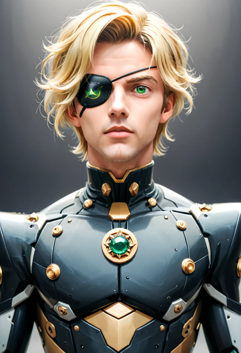 Arafed a picture of a human male spy, wearing dark suit, wearing ((mecha eye patch)) ((only one eyed covered: 1.5) , exquisite beautiful male, blond hair, short crop hair, green eyes, eye patch has intricate mechanical part in it, high society gala event background, (Masterpiece: 1.5), 16k, highres, best quality, high details, ultra detailed, masterpiece, best quality, (extremely detailed),
