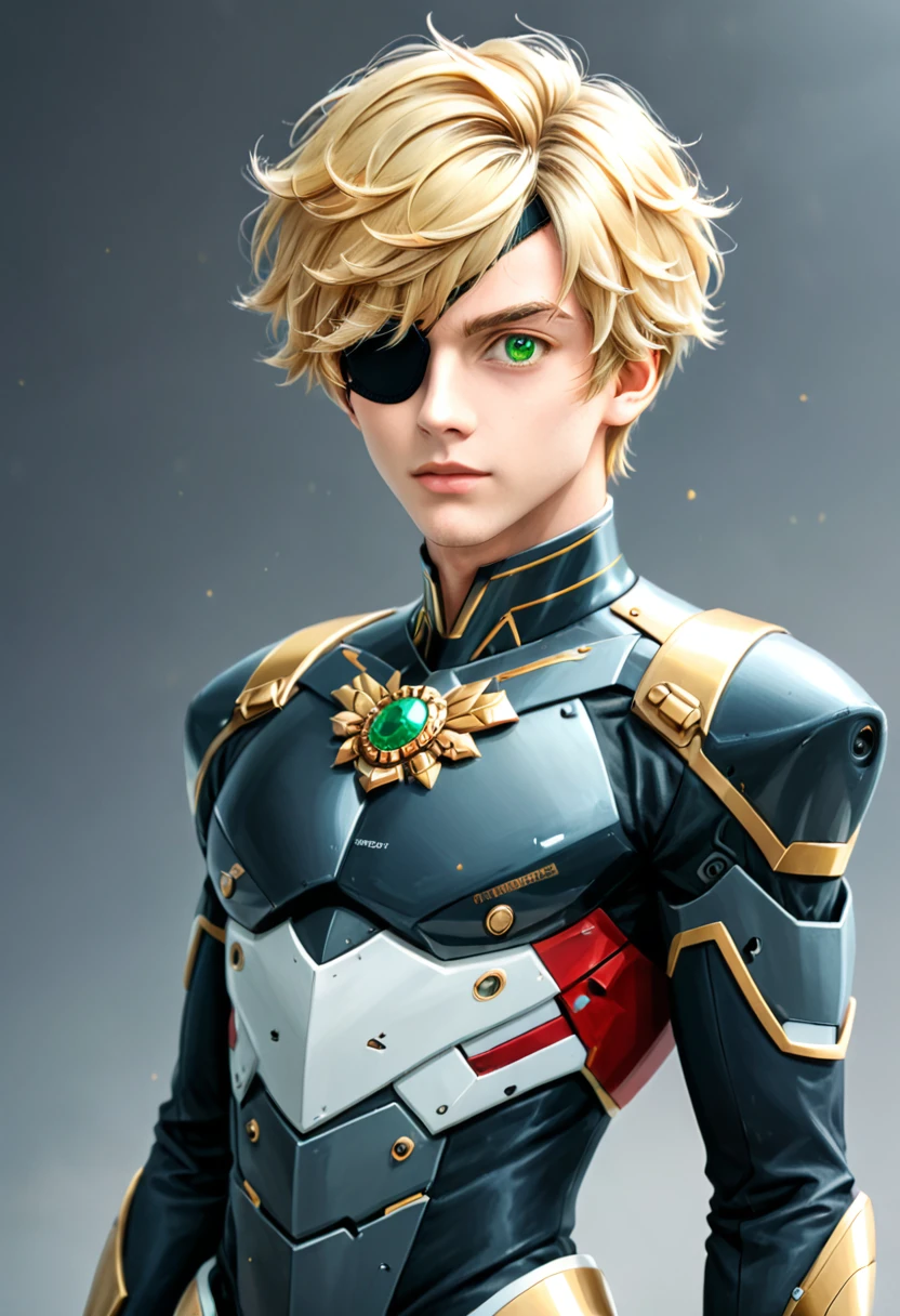 Arafed a picture of a human male spy, wearing dark suit, wearing ((mecha eye patch)) ((only one eyed covered: 1.5) , exquisite beautiful male, blond hair, short crop hair, green eyes, eye patch has intricate mechanical part in it, high society gala event background, (Masterpiece: 1.5), 16k, highres, best quality, high details, ultra detailed, masterpiece, best quality, (extremely detailed),