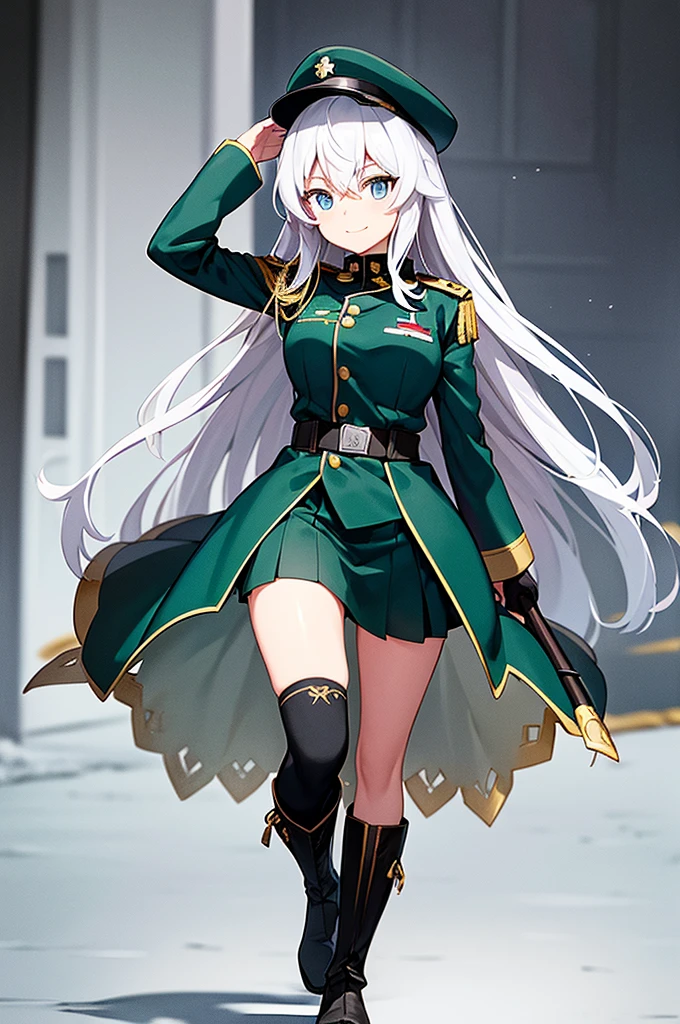 Content: An anime woman in a military uniform with a sword visible in a scabbard. She wears a hat inspired by WW2 German military generals and her design is loosely based on Erika Itsumi from Girls und Panzer. She has light blue eyes, white hair that ends halfway down her back, and knee-high military boots. Her hat has a symbol of a dragon, and she wears a confident smile. Medium: Digital art, anime illustration. Style: Pixiv contest winner, fine art, with elements inspired by historical military aesthetics and anime character design. Lighting: Dramatic, with strong contrasts to highlight her authoritative presence and the details of her uniform. Subtle shadows to add depth and realism. Colours: A palette dominated by military greens, blacks, and silvers, with the light blue of her eyes and white of her hair standing out against the darker tones of her uniform. Composition: A full body shot with a 50mm lens. The background is of a snowy background, as if a blizzard was happening behind her. She salutes to the camera