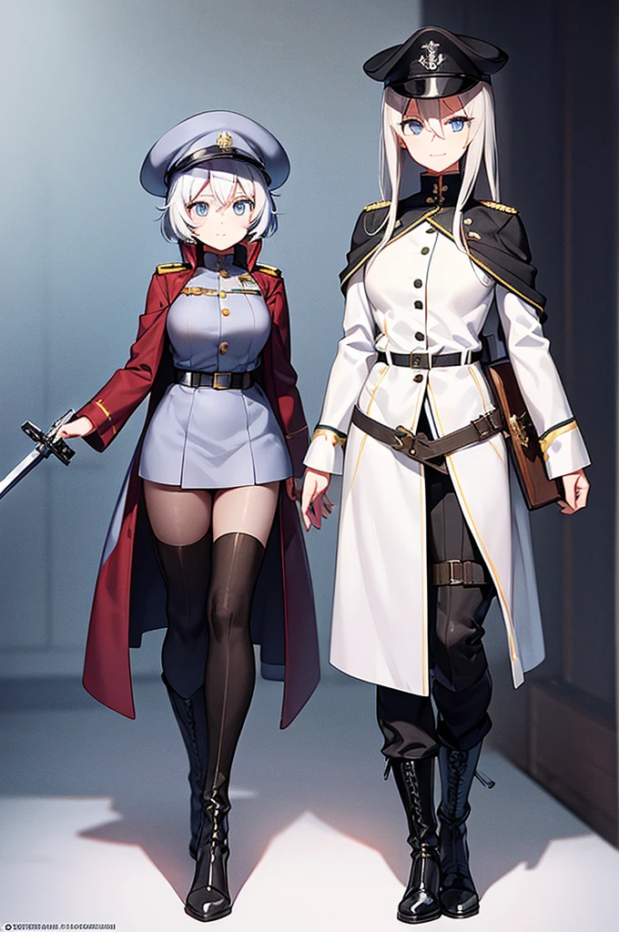 Content: An anime woman in a military uniform with a sword visible in a scabbard. She wears a hat inspired by WW2 German military generals and her design is loosely based on Erika Itsumi from Girls und Panzer. She has light blue eyes, white hair that ends halfway down her back, and knee-high military boots. Her hat has a symbol of a dragon, and she wears a confident smile. Medium: Digital art, anime illustration. Style: Pixiv contest winner, fine art, with elements inspired by historical military aesthetics and anime character design. Lighting: Dramatic, with strong contrasts to highlight her authoritative presence and the details of her uniform. Subtle shadows to add depth and realism. Colours: A palette dominated by military greens, blacks, and silvers, with the light blue of her eyes and white of her hair standing out against the darker tones of her uniform. Composition: A full body shot with a 50mm lens. The background is of a snowy background, as if a blizzard was happening behind her. She salutes to the camera