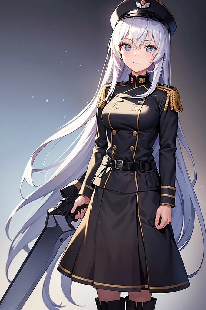 Content: An anime woman in a military uniform with a sword visible in a scabbard. She wears a hat inspired by WW2 German military generals and her design is loosely based on Erika Itsumi from Girls und Panzer. She has light blue eyes, white hair that ends halfway down her back, and knee-high military boots. Her hat has a symbol of a dragon, and she wears a confident smile. Medium: Digital art, anime illustration. Style: Pixiv contest winner, fine art, with elements inspired by historical military aesthetics and anime character design. Lighting: Dramatic, with strong contrasts to highlight her authoritative presence and the details of her uniform. Subtle shadows to add depth and realism. Colours: A palette dominated by military greens, blacks, and silvers, with the light blue of her eyes and white of her hair standing out against the darker tones of her uniform. Composition: A full body shot with a 50mm lens. The background is of a snowy background, as if a blizzard was happening behind her. She salutes to the camera