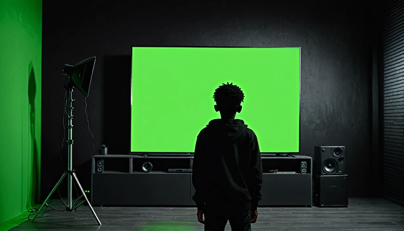 Mysterious dark boy back side watching green screen in TV background dark side view 