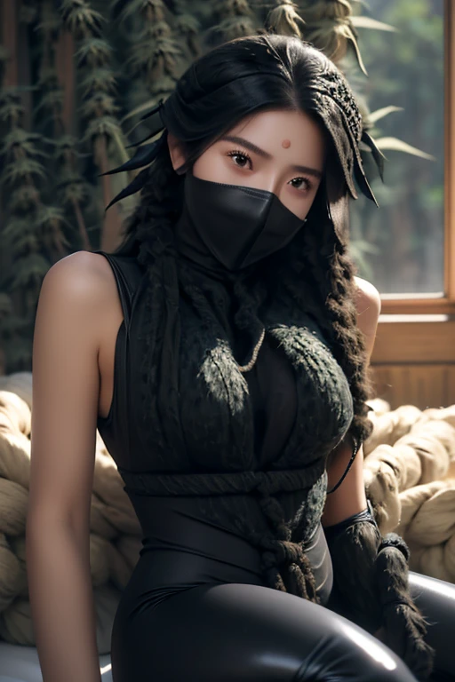 (masterpiece, top quality, best quality, official art, beautiful and aesthetic:1.2), (1girl:1.3), (fractal art:1.3), ((Beautiful woman wearing a black full-body Rubber suit with a simple design:1.5 )), ((Rubber suit that fits perfectly to your body:1.5)), (Forced to sit in a bed), ((Sitting with crotch open:1.7), ((The upper body is tied with a thin hemp rope:1.8)), ((Bondage Being:1.0)), ((Wearing rubber spandex mask full-face:1.5 )), ((Wearing rubber spandex mask full-face that fits perfectly to your head:1.5)), sharp focus:1.2, Beautiful woman with perfect body shape:1.4, dynamic pose, super fine photo, bed side in a bedroom, there is a bed in a room with a large window, Simple arrangement, quiet and serene atmosphere, serene bedroom setting, Relaxing environment,